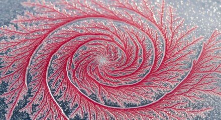 Red abstract fractal spiral pattern with branching structure on a sparkling background. Intricate digital art representing organic growth and connection.