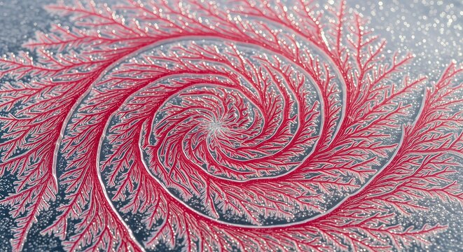 Red abstract fractal spiral pattern with branching structure on a sparkling background. Intricate digital art representing organic growth and connection.