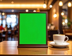 Cafe scene with a green display and a steaming coffee cup