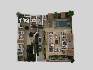 planos 3d de villa de lujo con estilo moderno mediterráneo