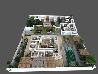 planos 3d de villa de lujo con estilo moderno mediterráneo