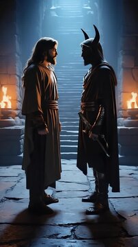Confrontation: Jesus Christ Meeting Devil in Ancient Stone Hallway with Fire, Dramatic Lighting, Religion, and Symbolism