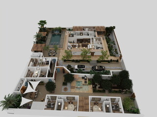 planos 3d de villa de lujo con estilo moderno mediterráneo