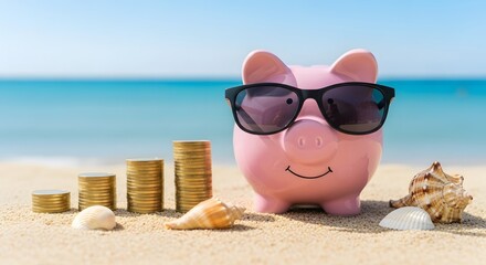piggy bank, savings, beach, summer, vacation, sunglasses, money, coins, investment, finance, financial planning, retirement, wealth, travel, holiday, ocean, sea, sand, tropical, growth, stack, profit,