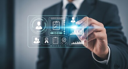 Businessman interacting with a futuristic holographic interface displaying data and user profiles on a digital screen