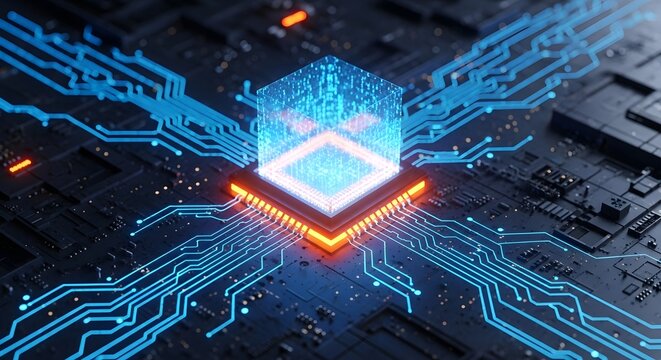 Futuristic microchip with glowing circuits and data flow - Powered by Adobe