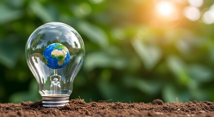 Light bulb with earth inside on soil symbolizing green energy