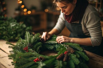 Young woman hands making a traditional christmas wreath for holiday decoration