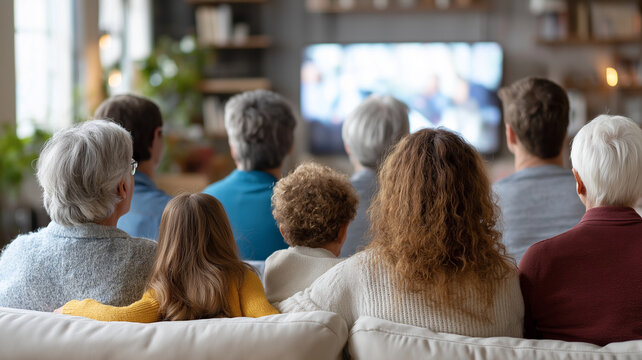 Group of multigenerational individuals enjoying cozy moment together while watching television. scene captures sense of warmth and togetherness, highlighting family bonds and shared experiences