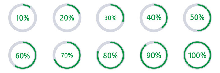 Percentage circle set. Loading indicator set. Circle loading or circle progress with percentage collection.  Set of circle percentage diagrams for infographics 10 20 30 40 50 60 70 80 90 100 percent. 