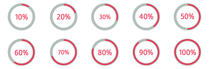 Percentage circle set. Loading indicator set. Circle loading or circle progress with percentage collection.  Set of circle percentage diagrams for infographics 10 20 30 40 50 60 70 80 90 100 percent. 