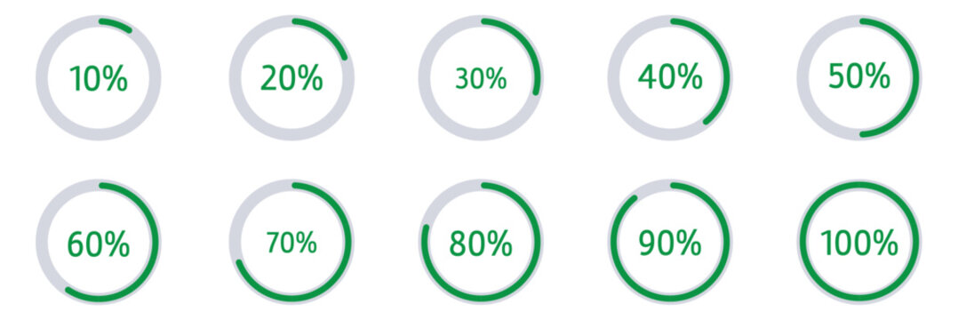 Percentage circle set. Loading indicator set. Circle loading or circle progress with percentage collection.  Set of circle percentage diagrams for infographics 10 20 30 40 50 60 70 80 90 100 percent. 