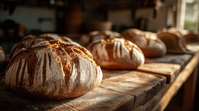 Freshly baked sourdough loaves rest on rustic wooden table, showcasing their golden crust and artisanal texture. warm sunlight enhances inviting atmosphere of bakery