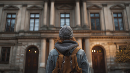 Fototapeta premium Student wearing gray beanie and denim jacket stands with their back to camera, gazing historic building with large windows and ornate architecture. scene evokes sense of curiosity and exploration