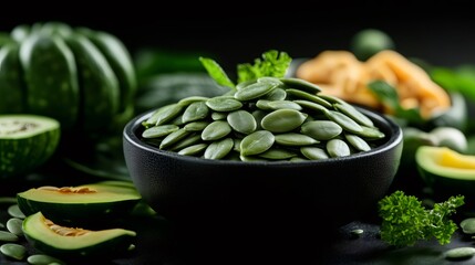 Pumpkin seeds in bowl with green vegetables