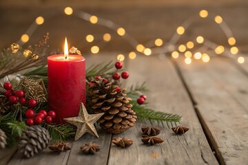 Cozy christmas scene with lit red candle, pine, berries, and stars