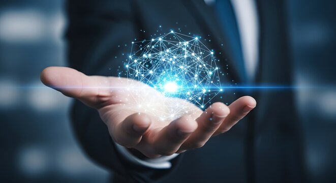 Businessman holding digital network connection in his hand