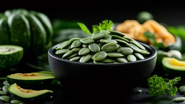Pumpkin seeds in bowl with green vegetables - Powered by Adobe