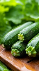 Fresh green zucchini featuring water drops and healthy eating