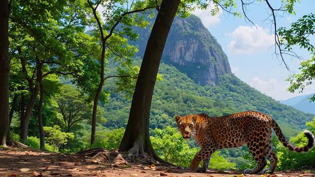 Leopard in forest with mountain view