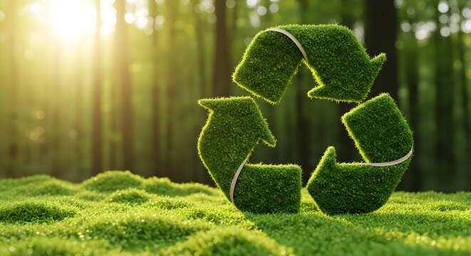 Recycle symbol covered in moss in a forest with sunlight