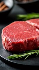 Uncooked beef filet mignon with rosemary sprig