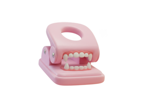 3d illustration of pink hole puncher with teeth, isolated on transparent background