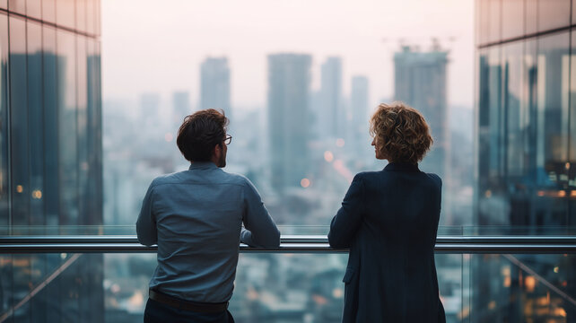 Two colleagues viewed from back, leaning on glass railing, overlooking city skyline at sunset. scene captures moment of reflection and connection amidst urban life