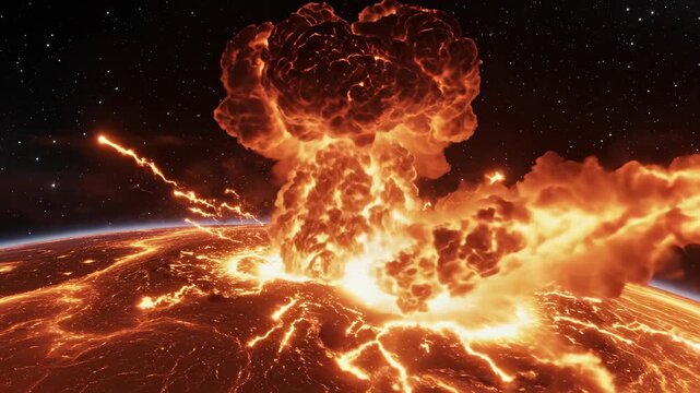 Dramatic Sequence of a Massive Explosion on an Alien Planet with Fiery Lava Surface