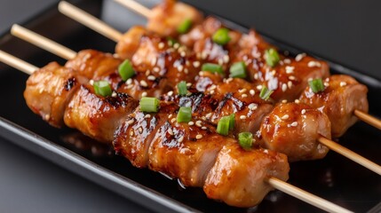 Grilled chicken teriyaki skewers with sesame and scallions