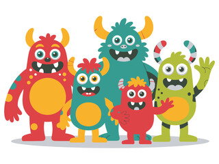 Naklejka premium A group of five cartoon monsters standing together on a white background