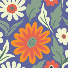 Retro floral pattern with stylized flowers and leaves in warm colors.