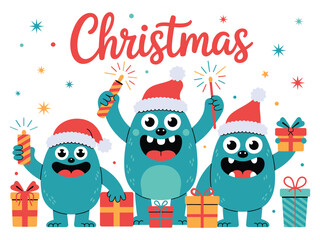 Fototapeta premium Three cartoon monsters celebrating christmas with gifts and sparklers joyfully