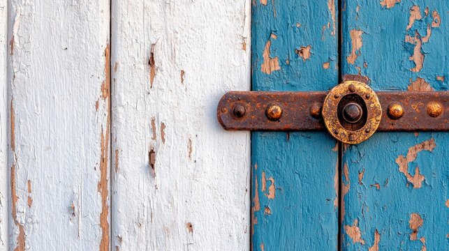 A close-up shot of a weathered wooden door with peeling white and blue paint, secured by a rusty metal latch. The image is taken outdoors with natural lighting.