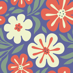 Retro floral pattern with stylized flowers and leaves in warm colors.