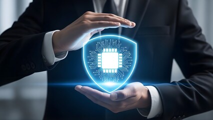 Data security concept with glowing shield and microchip in hands.