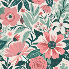 Retro floral pattern with stylized flowers and leaves in warm colors.