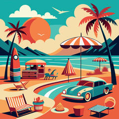 Retro car and sailboat on a tropical beach at sunset with palm trees.