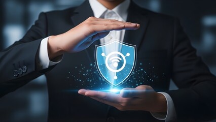 Digital network security protection in businessman hands