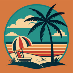 Vibrant beach scene with palm trees lounge chairs and a vintage car.