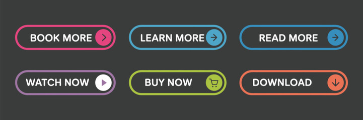 Set of trendy flat buttons vector illustration, colorful modern web and app design, including read more, learn more, buy now, download, watch now, book now
