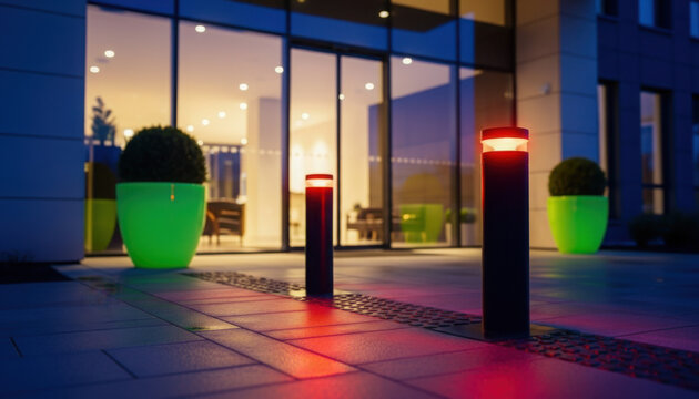 Modern building entrance illuminated at night with red bollard lights and green planters.