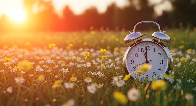 Vintage alarm clock in a meadow at sunset - Powered by Adobe