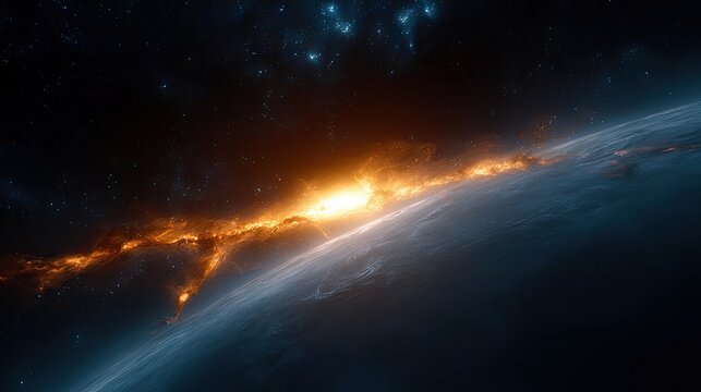 A view from space showing the curved surface of a planet with a bright, fiery nebula stretching across the horizon, illuminated by a distant sun. Stars are visi
