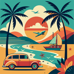 Retro car and sailboat on a tropical beach at sunset with palm trees.