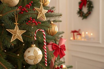 Holiday season close-up: decorated christmas tree with ornaments