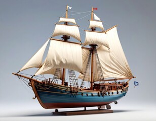 Model ship with sails and multiple masts, set against a plain backdrop
