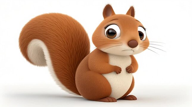 A CGI image of a cute, chubby brown squirrel with large, expressive eyes, standing on its hind legs against a white background