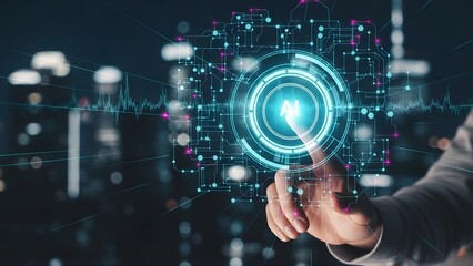 Hand touching ai symbol in digital network, representing smart tech