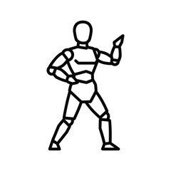 Minimalist outline robot icon posing, humanoid automaton, future technology concept vector illustration.